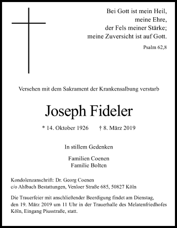 Anzeige von Joseph Fideler von Kölner Stadt-Anzeiger / Kölnische Rundschau / Express