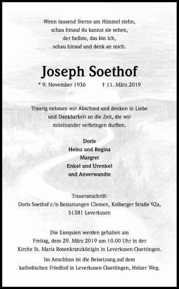 Anzeige von Joseph Soethof von Kölner Stadt-Anzeiger / Kölnische Rundschau / Express