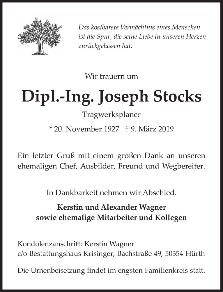  Traueranzeige für Joseph Stocks vom 18.07.2023 aus  Wochenende 
