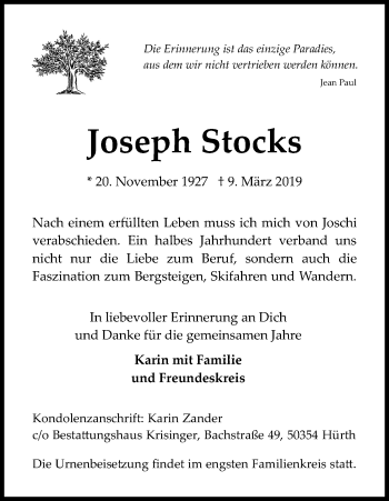 Anzeige von Joseph Stocks von Kölner Stadt-Anzeiger / Kölnische Rundschau / Express