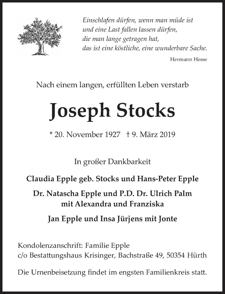  Traueranzeige für Joseph Stocks vom 18.07.2023 aus  Wochenende 