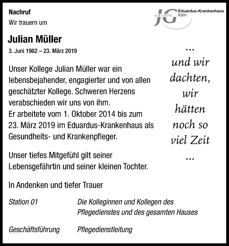  Traueranzeige für Julian Müller vom 30.03.2019 aus Kölner Stadt-Anzeiger / Kölnische Rundschau / Express