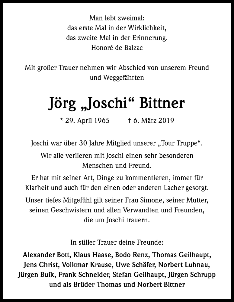  Traueranzeige für Jörg Bittner vom 16.03.2019 aus Kölner Stadt-Anzeiger / Kölnische Rundschau / Express