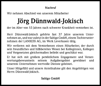 Anzeige von Jörg Dünnwald-Jokisch von Kölner Stadt-Anzeiger / Kölnische Rundschau / Express