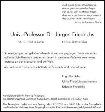 Anzeige von Jürgen Friedrichs von Kölner Stadt-Anzeiger / Kölnische Rundschau / Express
