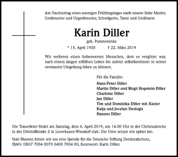 Anzeige von Karin Diller von Kölner Stadt-Anzeiger / Kölnische Rundschau / Express