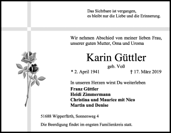 Anzeige von Karin Güttler von Kölner Stadt-Anzeiger / Kölnische Rundschau / Express