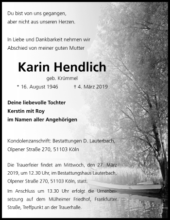 Anzeige von Karin Hendlich von Kölner Stadt-Anzeiger / Kölnische Rundschau / Express