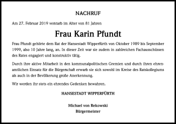 Anzeige von Karin Pfundt von Kölner Stadt-Anzeiger / Kölnische Rundschau / Express