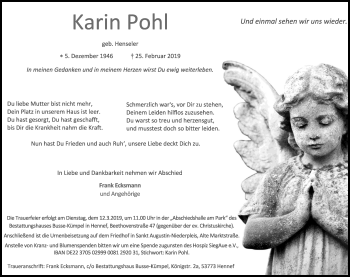 Anzeige von Karin Pohl von Kölner Stadt-Anzeiger / Kölnische Rundschau / Express