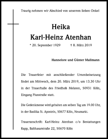 Anzeige von Karl-Heinz Atenhan von Kölner Stadt-Anzeiger / Kölnische Rundschau / Express