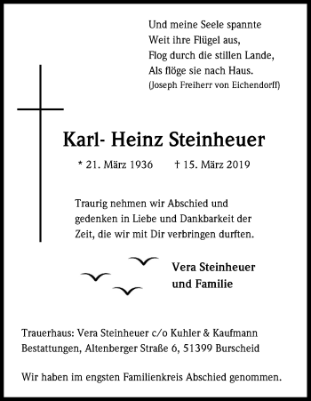 Anzeige von Karl- Heinz Steinheuer von Kölner Stadt-Anzeiger / Kölnische Rundschau / Express
