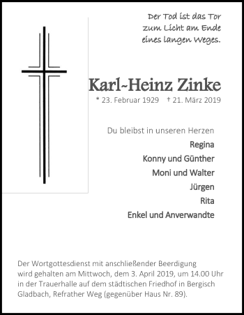 Anzeige von Karl-Heinz Zinke von Kölner Stadt-Anzeiger / Kölnische Rundschau / Express