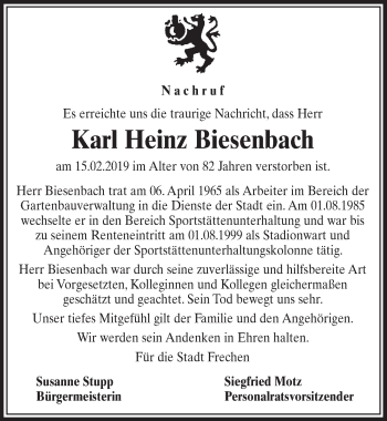 Anzeige von Karl Heinz Biesenbach von  Sonntags-Post 