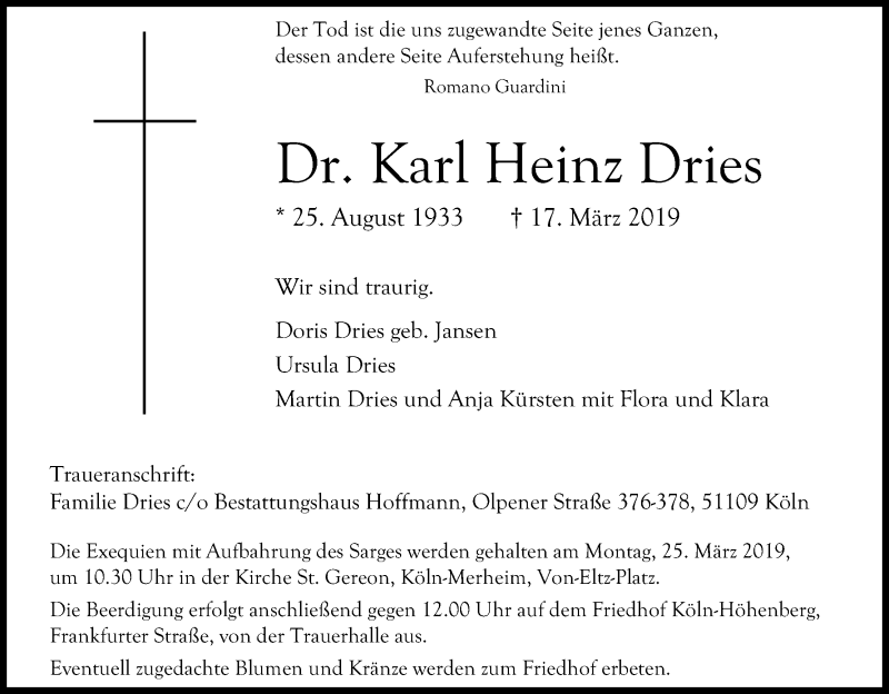  Traueranzeige für Dr. Karl Heinz Dries vom 23.03.2019 aus Kölner Stadt-Anzeiger / Kölnische Rundschau / Express