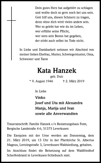 Anzeige von Kata Hanzek von Kölner Stadt-Anzeiger / Kölnische Rundschau / Express