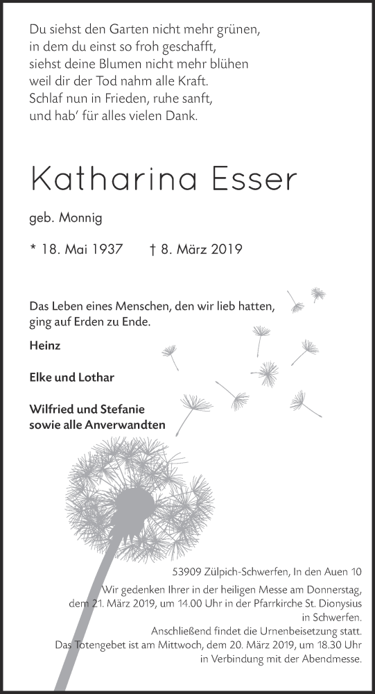  Traueranzeige für Katharina Esser vom 16.03.2019 aus  Blickpunkt Euskirchen 