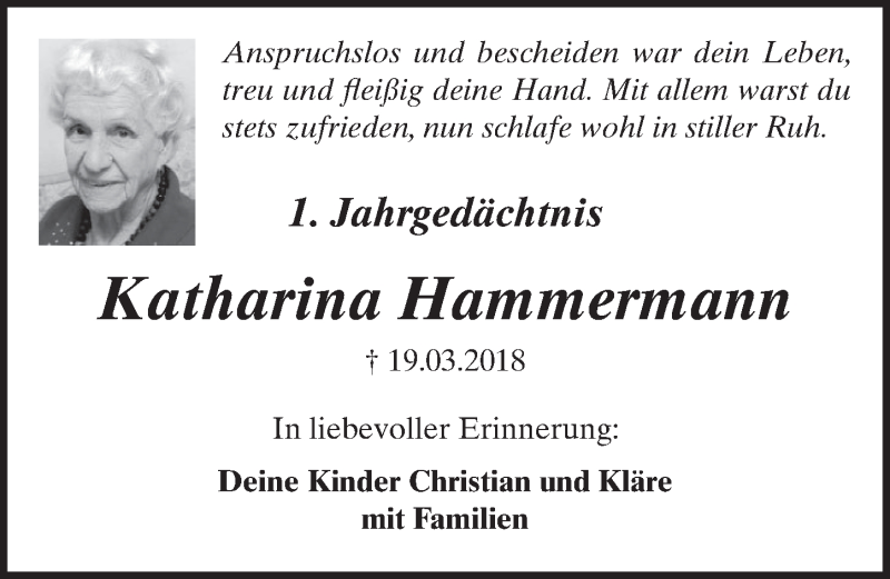  Traueranzeige für Katharina Hammermann vom 13.03.2019 aus  Wochenende  Schlossbote/Werbekurier 