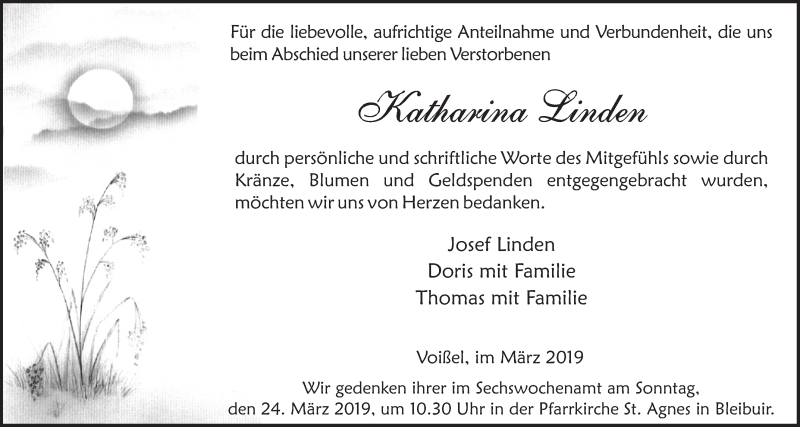  Traueranzeige für Katharina Linden vom 16.03.2019 aus  Blickpunkt Euskirchen 