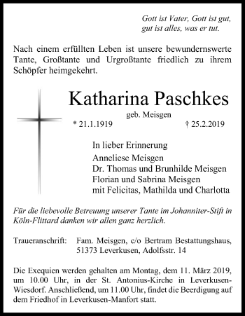 Anzeige von Katharina Paschkes von Kölner Stadt-Anzeiger / Kölnische Rundschau / Express