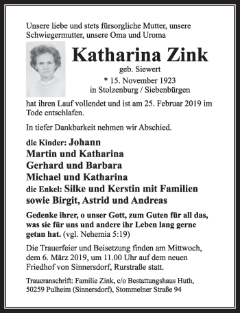 Anzeige von Katharina Zink von  Sonntags-Post 