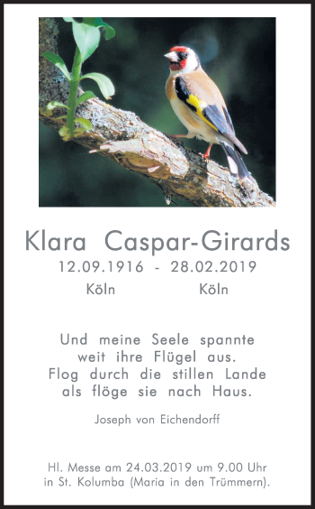 Anzeige von Klara Caspar-Girards von Kölner Stadt-Anzeiger / Kölnische Rundschau / Express