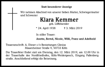 Anzeige von Klara Kemmer von Kölner Stadt-Anzeiger / Kölnische Rundschau / Express