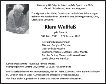 Anzeige von Klara Wallfaß von  Sonntags-Post 