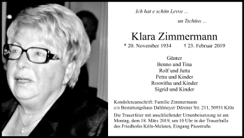Anzeige von Klara Zimmermann von Kölner Stadt-Anzeiger / Kölnische Rundschau / Express