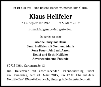 Anzeige von Klaus Hellfeier von Kölner Stadt-Anzeiger / Kölnische Rundschau / Express