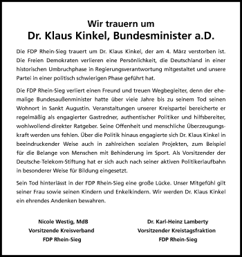 Anzeige von Klaus Kinkel von Kölner Stadt-Anzeiger / Kölnische Rundschau / Express