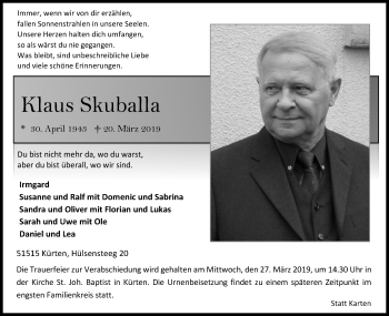 Anzeige von Klaus Skuballa von Kölner Stadt-Anzeiger / Kölnische Rundschau / Express