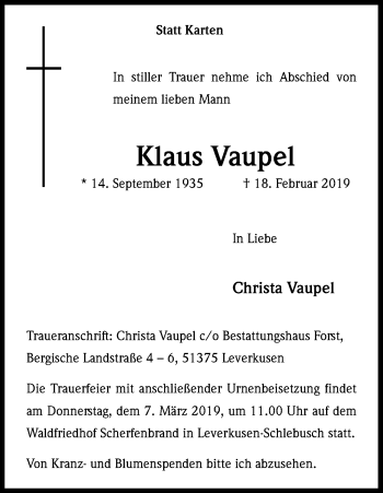 Anzeige von Klaus Vaupel von Kölner Stadt-Anzeiger / Kölnische Rundschau / Express