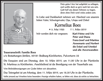 Anzeige von Kornelius Boes von  Sonntags-Post 