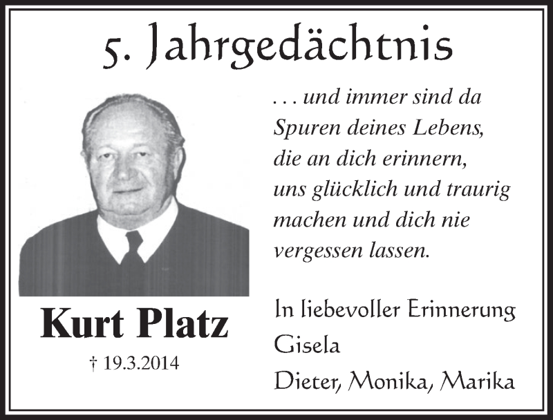  Traueranzeige für Kurt Platz vom 20.03.2019 aus  Schlossbote/Werbekurier 