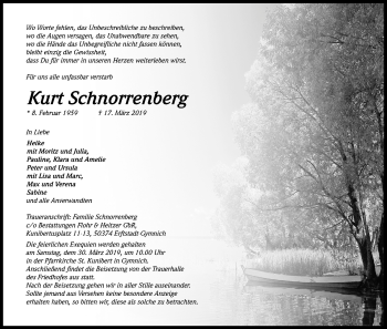 Anzeige von Kurt Schnorrenberg von Kölner Stadt-Anzeiger / Kölnische Rundschau / Express