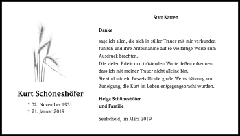 Anzeige von Kurt Schöneshöfer von Kölner Stadt-Anzeiger / Kölnische Rundschau / Express