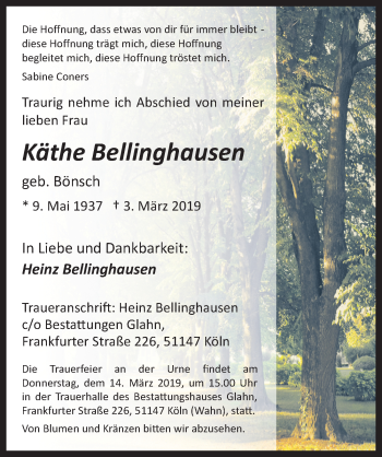 Anzeige von Käthe Bellinghausen von  Kölner Wochenspiegel 