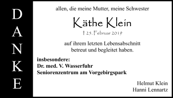 Anzeige von Käthe Klein von Kölner Stadt-Anzeiger / Kölnische Rundschau / Express