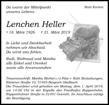Anzeige von Lenchen Heller von Kölner Stadt-Anzeiger / Kölnische Rundschau / Express