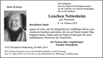 Anzeige von Lenchen Nettesheim von  Schlossbote/Werbekurier 