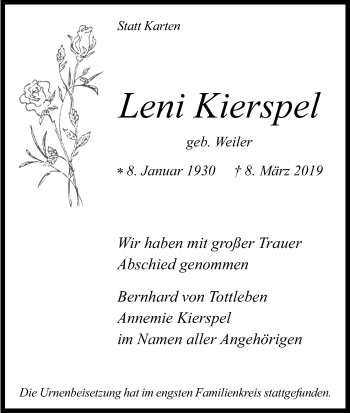 Anzeige von Leni Kierspel von Kölner Stadt-Anzeiger / Kölnische Rundschau / Express