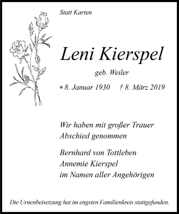 Anzeige von Leni Kierspel von  Bergisches Sonntagsblatt 