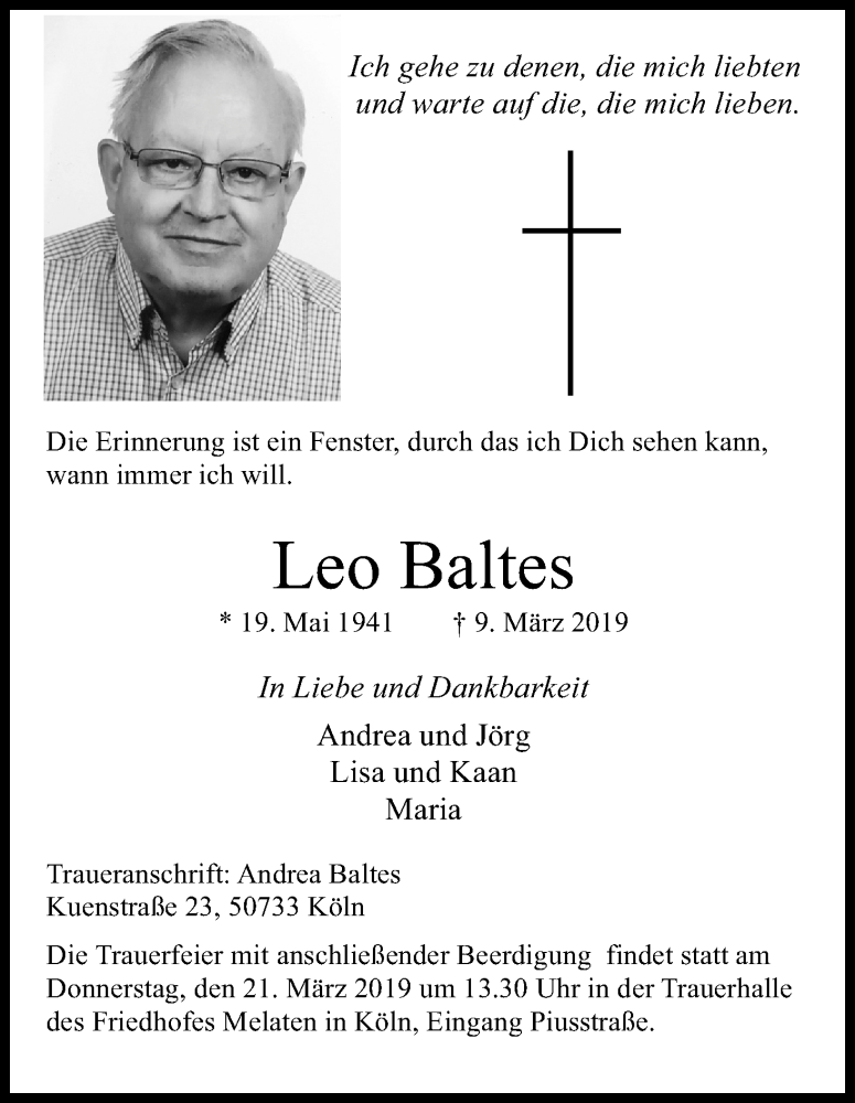  Traueranzeige für Leo Baltes vom 16.03.2019 aus Kölner Stadt-Anzeiger / Kölnische Rundschau / Express