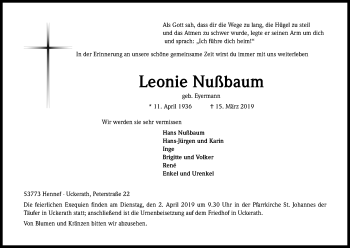 Anzeige von Leonie Nußbaum von Kölner Stadt-Anzeiger / Kölnische Rundschau / Express