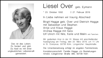 Anzeige von Liesel Over von Kölner Stadt-Anzeiger / Kölnische Rundschau / Express
