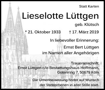 Anzeige von Lieselotte Lüttgen von Kölner Stadt-Anzeiger / Kölnische Rundschau / Express