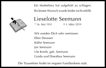 Anzeige von Lieselotte Seemann von Kölner Stadt-Anzeiger / Kölnische Rundschau / Express