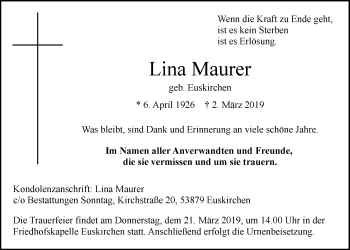 Anzeige von Lina Maurer von  Blickpunkt Euskirchen 