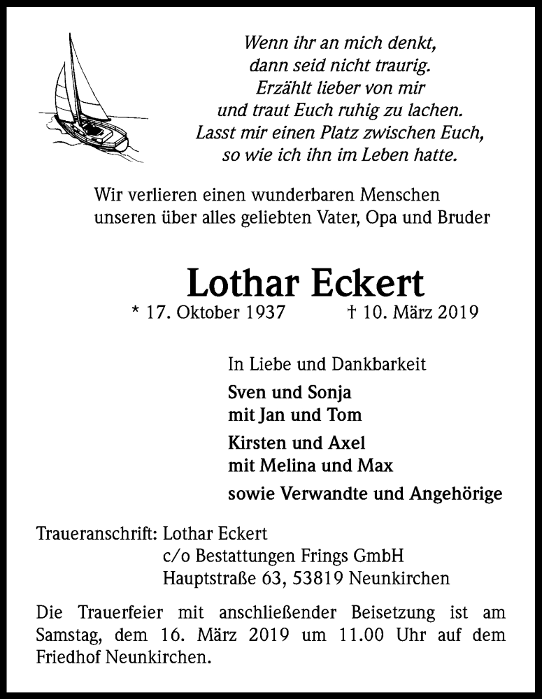  Traueranzeige für Lothar Eckert vom 14.03.2019 aus Kölner Stadt-Anzeiger / Kölnische Rundschau / Express
